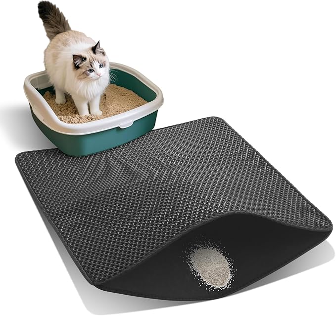 Cat Litter Mat for Indoor Cats Eva Double-Layer Litter Box Mat Washable for Easy Cleaning Cat Rug Collects Litter and Prevents Liquid Leakage (Black, 23.6×15.7inch)