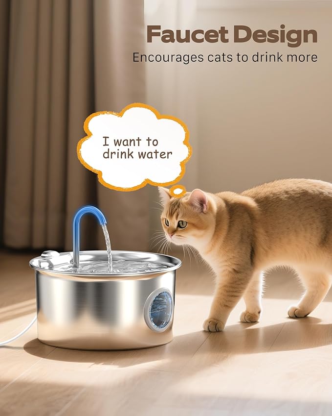 Pet Water Fountain Stainless Steel: Mental Cat Water Fountains with 8 Filters + 8 Sponges - 88oz/2.6L Noiseless Cats Waterer Bowl Dispenser - ATMZIQXR Kitten Drinking Fountains for Cats Indoor