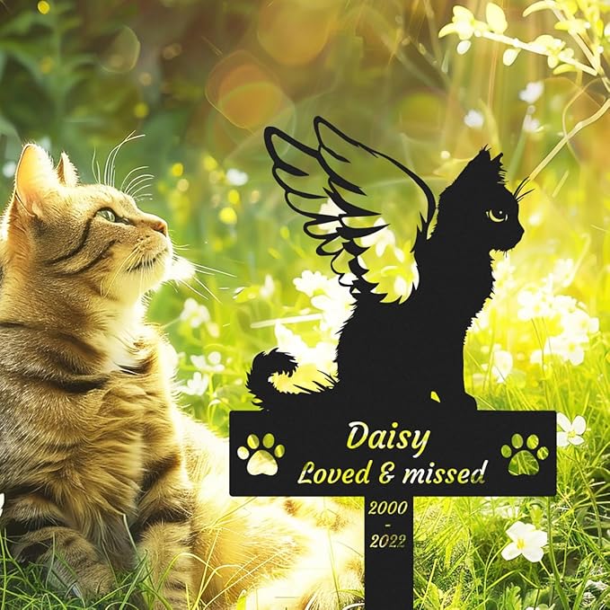 Custom Cat Memorial Stake Grave Marker, Personalized Metal Cat Memorial Grave Marker with Wings, Pet Cat Remembrance Stake Customized Cat Memorial Plaque with Paws Cat Loss Sympathy Sign
