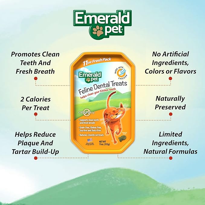 Emerald Pet Grain-Free Cat Dental Treats with Chicken – Crunchy Natural Dental Treats for Cats to Clean Teeth, Freshen Breath, and Reduce Plaque & Tartar – 11 oz Tub