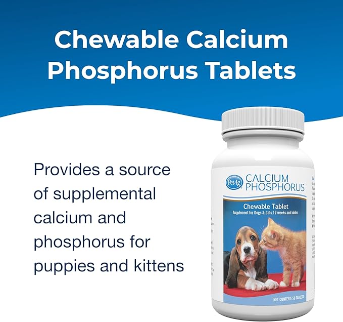 PetAg Calcium Phosphorus Tablets - 50 Tablets - Daily-Use, Chewable Supplement for Dogs & Cats 12 Weeks and Older - Fortified with Vitamin D