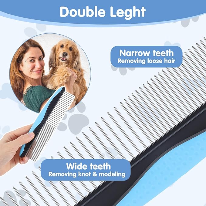 Metal Dog Comb, Stainless Steel Teeth Dematting Comb for Dogs Cats, Dog Grooming Combs, Pet Hair Combs for Removing Knots Mats Tangles Home Grooming Tool