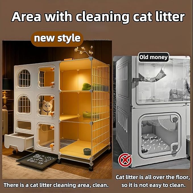 Indoor Cat Cage with Litter Box, Outdoor Cat House with Wheels,cat Enclosure, Complimentary Cat Bed, Bowl, Teaser Wand; Small Animal Dog Cages, Three-Tier cat Kennel(42″(L) x18.2″(W) x46.2″(H))