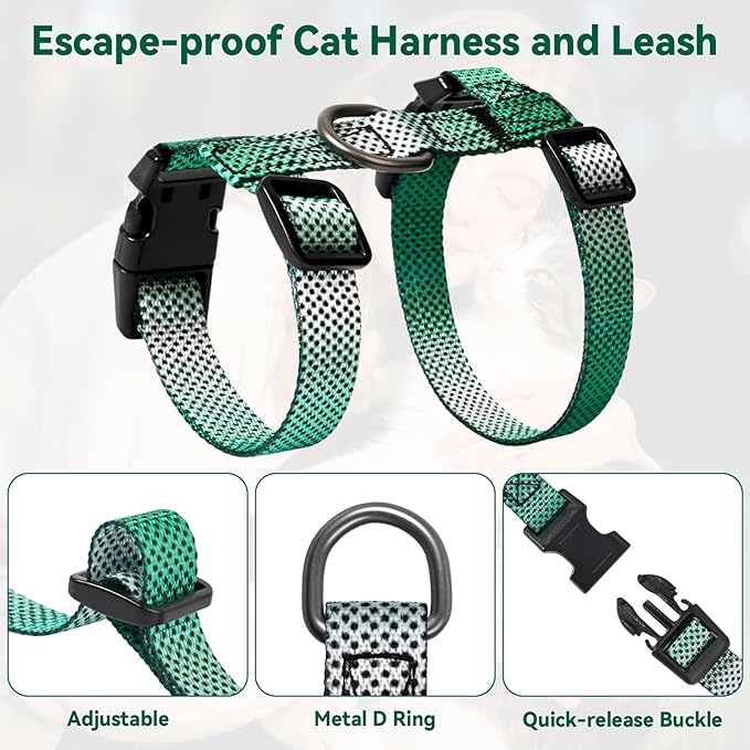 Cat Harness and Leash Set, 3-in-1 Escape Proof Adjustable, Comfortable Soft Lightweight, Safe, Easy to Wear, Walking Travel Kitten Harness for Small Medium Cats (Light Green)