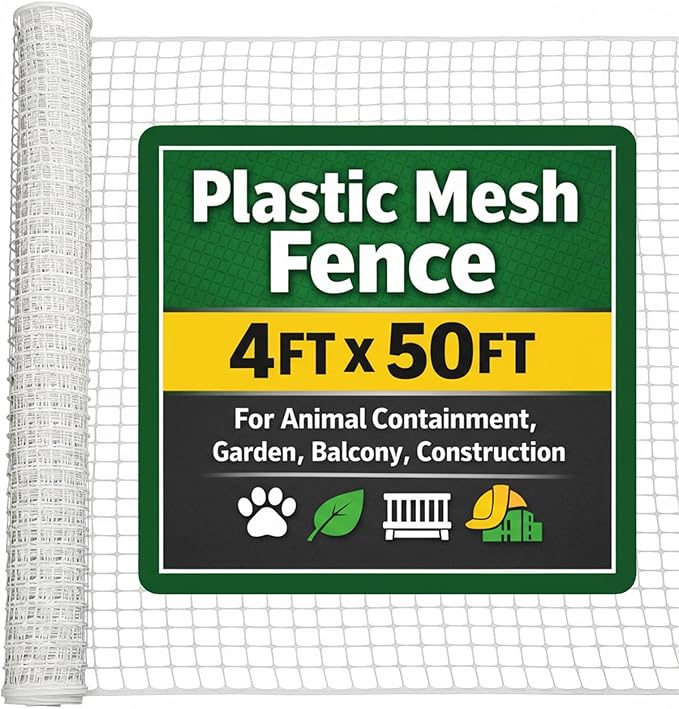 Houseables Plastic Fence, Plastic Mesh Fence, Mesh Fencing, Deer Netting, Cat Netting, Temporary, Wire Fencing, Balcony, Pets, Garden, Chicken, Poultry, Dogs, Construction, Yard, White, 4 x 50 FT Roll