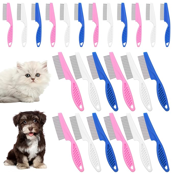 24 Pcs Flea Comb for Dogs and Cats Flea Remover Tool with Stainless Steel Metal Teeth for Detangling Grooming Kit, Pink, Blue and White, 2 Sizes