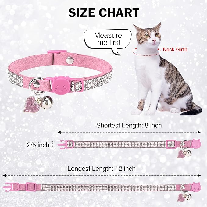 Rhinestone Cat Collar Breakaway with Bell, Diamond Cat Collar with Safety Buckle Quick Release for Girl Boy Small Kitten Pets Puppy,Cute Soft Female Male Cat Collars, Color Pink 7-9"