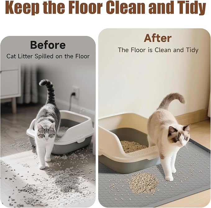 Pawinner Cat Mat for Litter Box, 40" X 28" Large Silicone Cat Litter Trapping Mat, Waterproof Kitty Litter Mat, Urine-Proof, Easy to Clean, Non-Slip Kitty Scratch Pad for Floor(Gray)