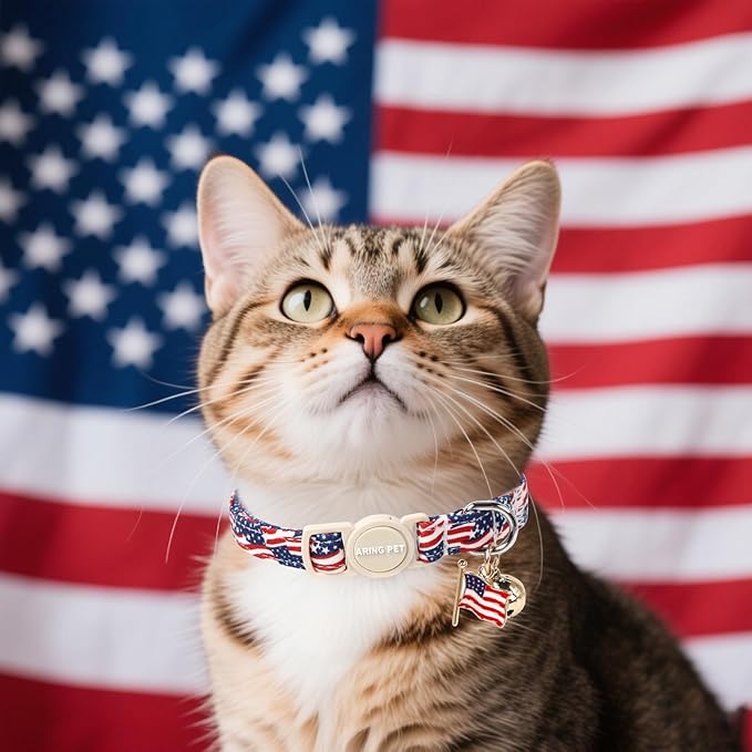 ARING PET 2 Pack American Flag Cat Collar-Cute 4th of July Independence Day Kitty Collars with Bell & Pendant, Adjustable Patriotic Kitten Collars with Safety Buckle