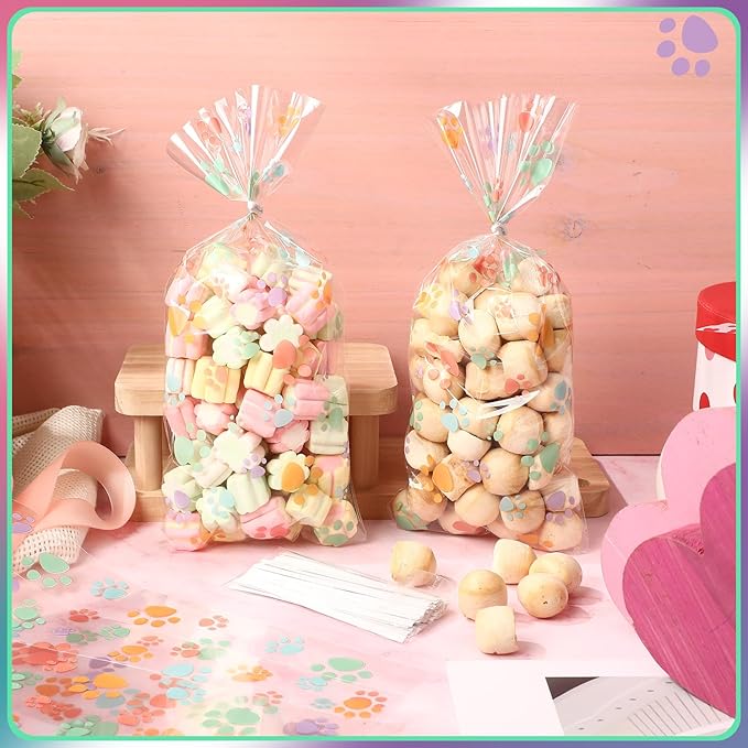 Blulu 100 Pieces Dog Treat Bags Puppy Party Favor Pet Paw Cone Cellophane Bags Candy Heat SealableDog Paw Gift with 100 Pieces Silver Twist Ties for Pet Cat Treat Party Favor (Spring Colors)