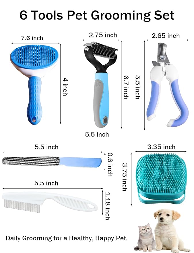 Dog Cat Grooming Kit, Brushes, Dematting Rake and Comb, Nail Clipper, Nail File, Flea Comb (Blue 6 Kits)