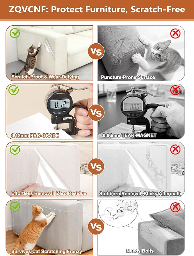 Extra Thick Clear Anti Cat Scratch Furniture Protector 16.93" x 196.85"：ZQVCNF Self-Adhesive Couch & Door Tape from Pet Claws - Covers Walls, Bed Corners | Stops Cat & Dog Scratching Damage