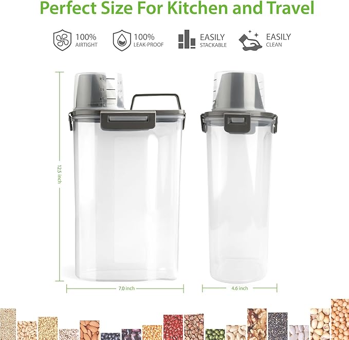 Rice Airtight Storage Container, 3 to 5Lbs Cereal Dry Food Flour Bin, Pet Dog Cat Food Dispenser with Measuring Cup, BPA Free Clear Plastic Kitchen and Pantry Organization Bin for Sugar
