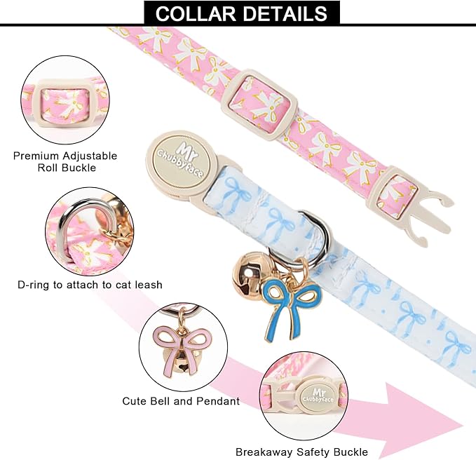 2 Pack Cat Collar, Cute Pink&Blue Bowtie Pattern Breakaway Kitty Collar with Bell&Pendent for Male and Female, Adjustable Holiday Kitten Collar for Boy&Girls