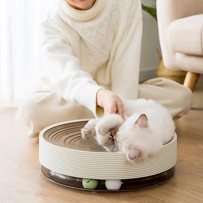 Cardboard Cat Scratcher Bed Mat for Kitty Curls Morden Cat Scratch Pad with Ball Toy Ringing Bell for Multi-Cat Households Horizontal Round Nail File Cat Scratcher Sleep Fun All-in-One