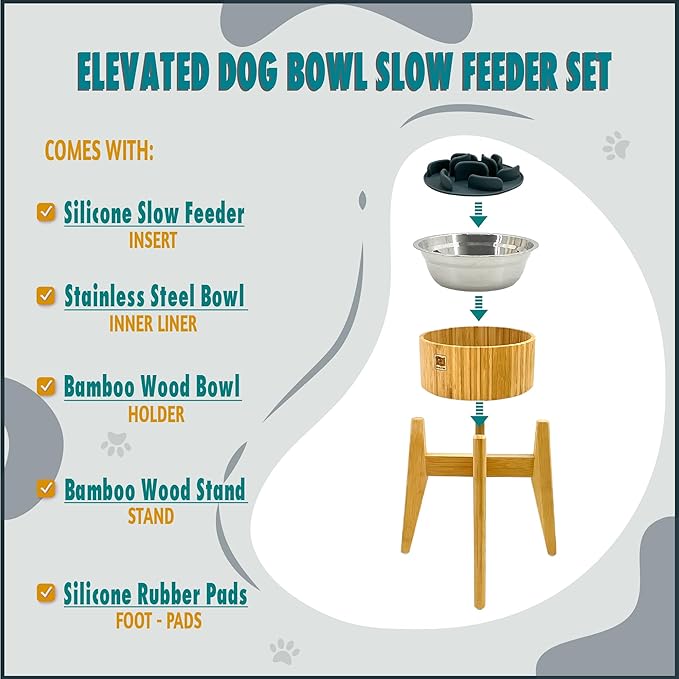 Elevated Slow Feeder Dog Bowls Large Breed - (12-inch-high) - Raised Bowl with Anti-Choking Insert - Stainless Metal and Bamboo