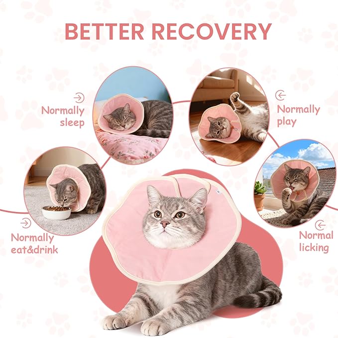 Soft Adjustable Cat Recovery Collar, Lightweight Waterproof Elizabethan Cone for Cats – Comfortable Protective Cat Cone to Prevent Licking After Surgery, Grooming & Skin Care (Pink, L)