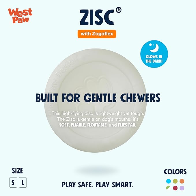 WEST PAW Zogoflex Zisc Dog Flying Disc, High Flying Aerodynamic Disc for Dogs Puppy – Lightweight, Floatable Disc for Fetch, Tug of War, Catch, Play – Doubles as Food/Water Bowl, Small 6.5", Glow
