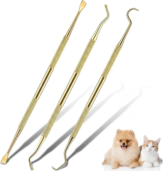 Hotop 3 Pieces Dog Dental Tooth Scaler and Scraper Stainless Double Headed Tarter Removing Tool Scraper Pet Teeth Cleaning Tools for Dog and Cat(Gold)
