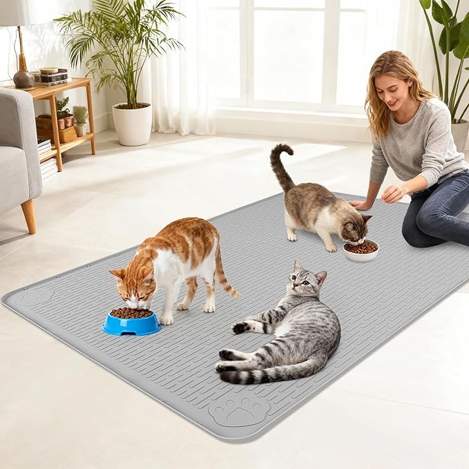 Lanstics Cat Food Mat, 40" x 28" Large Silicone Mat Cat Feeding Mat with Raised Edge Non-Slip Pet Feeding Mat for Food and Water Bowl, Easy to Clean, Floor Protection (Gray)