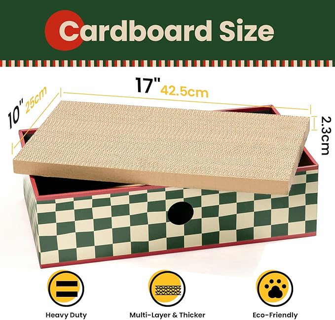 Conlun Cat Scratcher Box with 3-Layer Corrugated Pad, Heavy-Duty Double-Sided Cardboard Scratching Board & Bed, Checkered Design, for Cats, Large