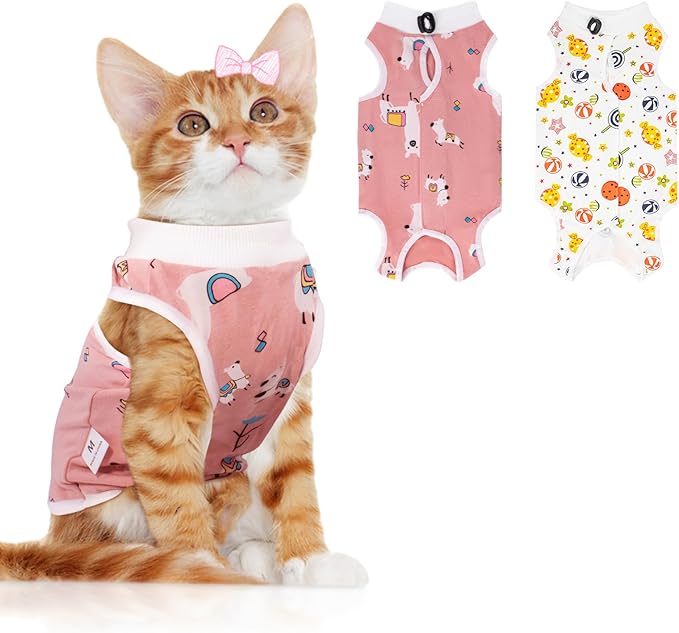 Coppthinktu 2 PCS Cat Recovery Suit for Spay Abdominal Wounds Cat Onesie for Cats After Surgery Recovery Suit Female Breathable E-Collar Alternative Kitten Onesie Anti Licking Small