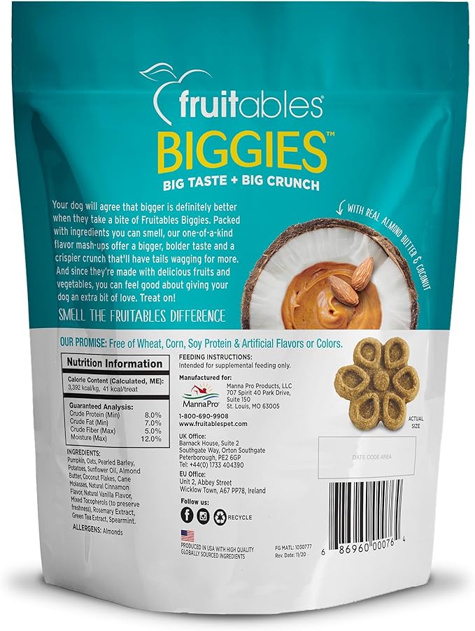 Fruitables Biggies Dog Biscuits, Pumpkin Treats for Dogs, Healthy Doggie Biscuits, Crunchy Treats, No Wheat, Corn or Soy, Made in The USA, Almond Butter and Coconut Flavor, 16oz
