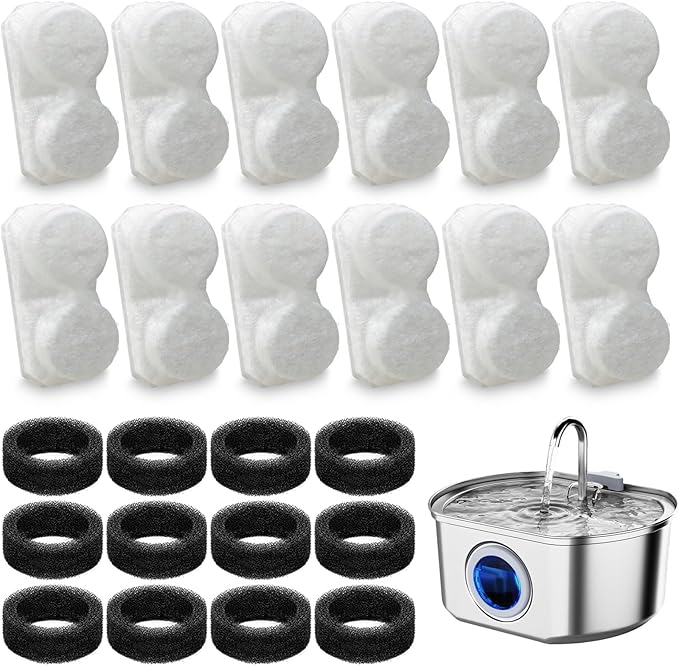 24 Pack Cat Fountain Replacement Filters Compatible with Neareal 108oz/3.2L Stainless Steel Pet Water Fountain(12 Filters & 12 Sponges)