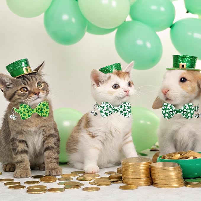 JarThenaAMCS 3 Pcs St. Patrick's Day Cat Collar with Breakaway Bell Bow Tie Green Shamrock Lucky Clover Adjustable Kitten Collars for Spring Irish Girl Boy Cats Small Pet Party