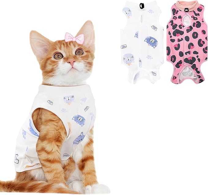 2 PCS Cat Recovery Suit Female Cat Onesie for Cats After Surgery Spay Abdominal Wounds, Kitten Surgery Recovery Suit Female Breathable E-Collar Alternative Kitten Onesie Anti Licking Medium