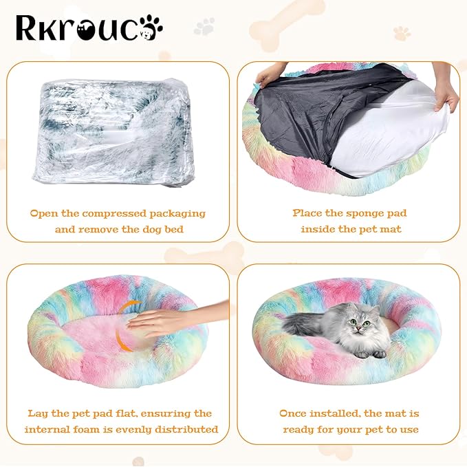 Fluffy Dog Bed Calming Donut Beds for Large Dogs Warming Round Small Medium Pet Nest Cozy Cat Mattress Indoor Washable Puppy Kennel Kittens Sleep Mat (M, 27.5×27.5 inch, Rainbow)