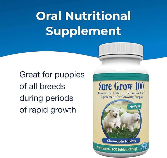 PetAg Sure Grow 100 - Promotes Optimal Bone Development in Puppies Eight Weeks and Older - with Calcium, Phosphorus, and Vitamins A & D - 100 Chewable Tablets