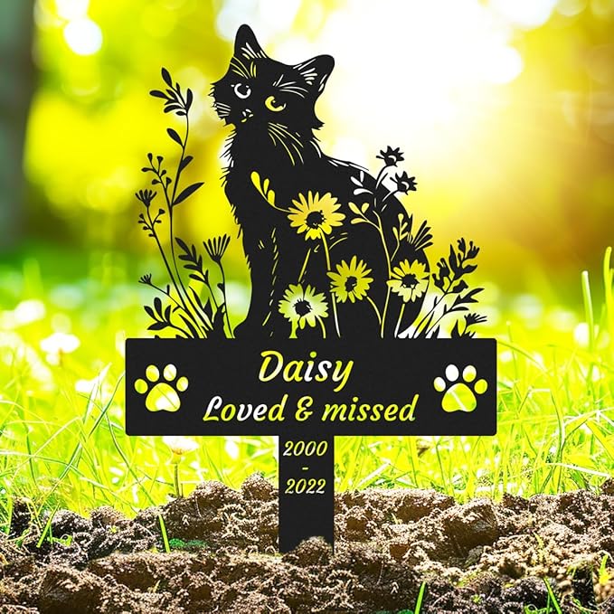 Personalized Flowers Cat Memorial Stake Grave Marker, Custom Pet Cat Memorial Grave Marker Stake with Paws, Customized Cat Garden Stake Memorial Metal Sign Remembrance Yard Burial Stake