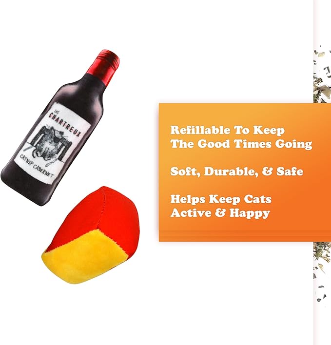 Meowijuana Refillable Cat Toys | Get Paired - Wine and Cheese Catnip Toys | Includes Potent Hand Harvested Catnip Grown in North America | Promotes Play and Cat Health
