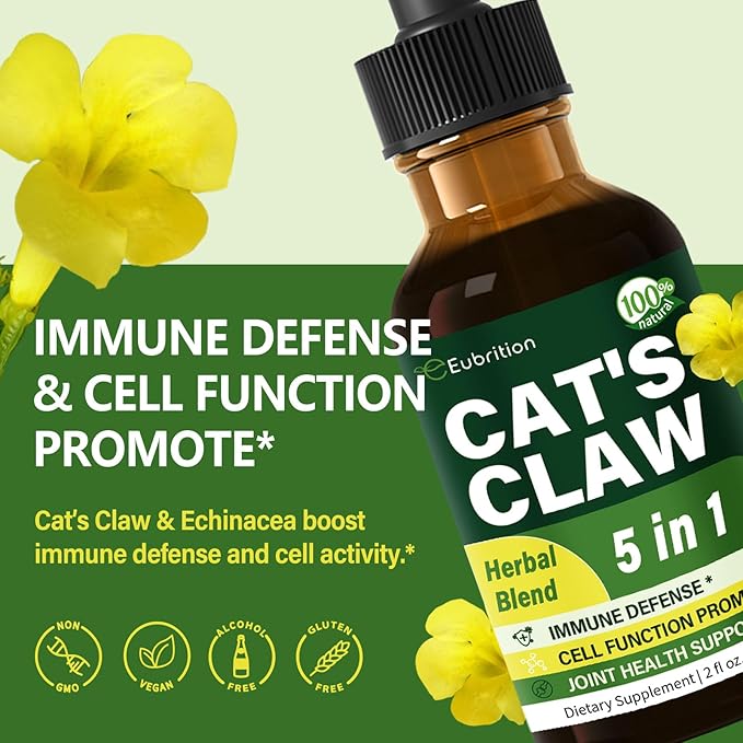 Cat's Claw herb (Uña de Gato) Immune Support Liquid Drops, 5-in-1 Herbal Supplement with Echinacea & Elderberry Extract, Alcohol Free Tincture for Immunity Boost, Joint & Bone Health. 2 oz