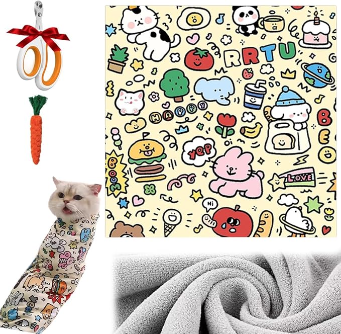 Cat Grooming Wrap for Cutting Nails, 27.6" Anti-Scratch Anti-Escape Cat Holder for Claw Clipping, Self-Adherent Soft Cat Swaddle Wrap for Nail Trimming for Cats & Kittens (3,21.65*21.65 inch)