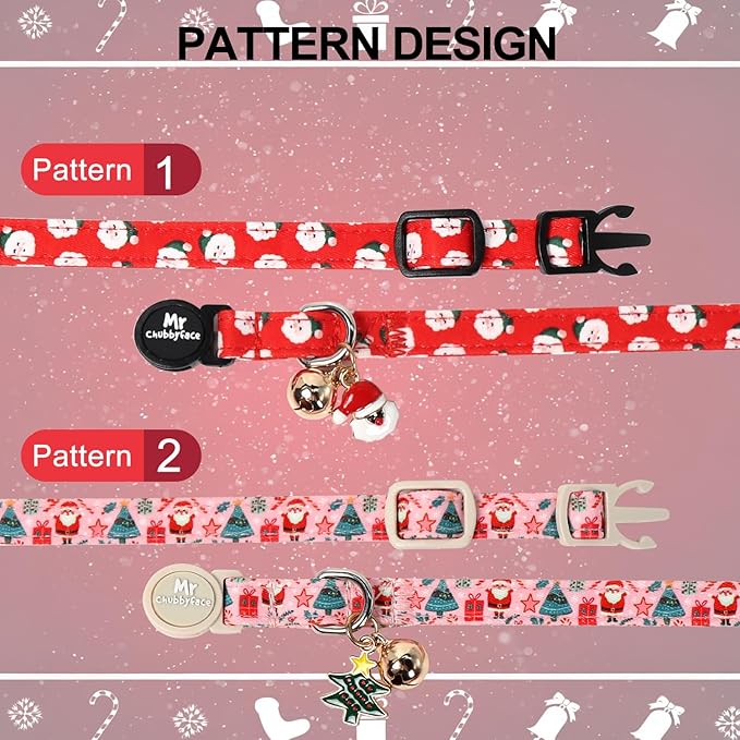 Christmas Cat Collar, 2 Pack Cute Breakaway Kitty Collar with Bell&Pendent, Soft Adjustable Christmas Pink and Red Santa Collar for Girl Boy Cats