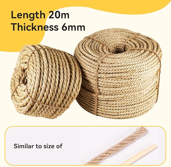 Natural Sisal Rope for Cat Scratcher Replacement, Durable Cat Tree Post Repair Cord for DIY Projects, Climbing Towers, Furniture Protection, Scratch Pad, Crafts, Garden, and Home Décor Use