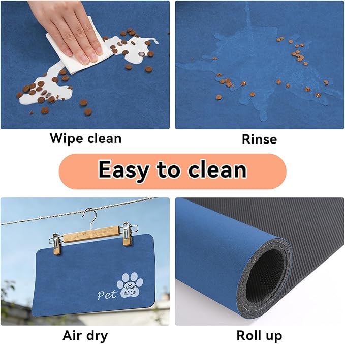 Dog Cat Feeding Mat-Absorbent Pet Bowl Mat for Food and Water, Quick Dry Water Dispenser Mat for Floors with Waterproof Rubber Backing, Puppy Cat Placemat Mats for Messy Drinkers,12"x20",Blue