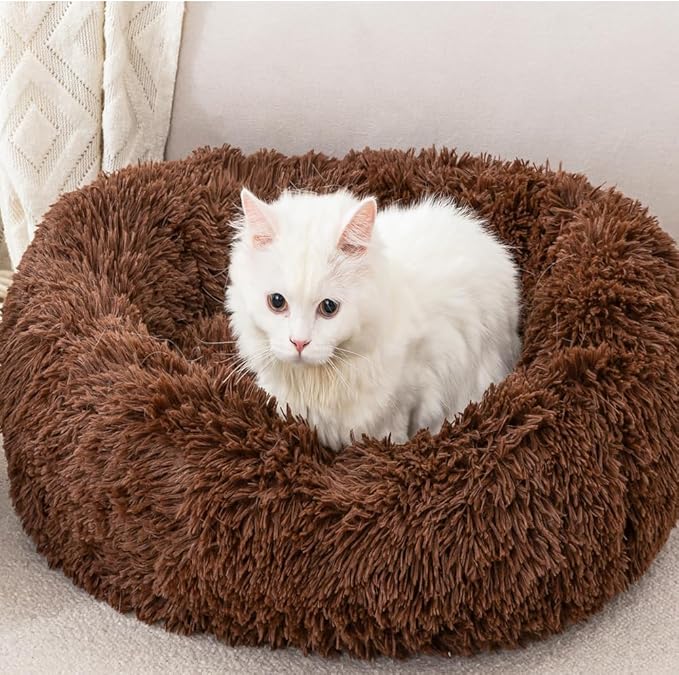 Donut Style Cat Beds for Indoor Cats Fluffy Plush Soft Small Dog Bed Faux Fur Small Pet Bed Non Slip Bottom Indoor for Puppy and Kitten Comfort Support Rabbit Pillow for 2.5KG