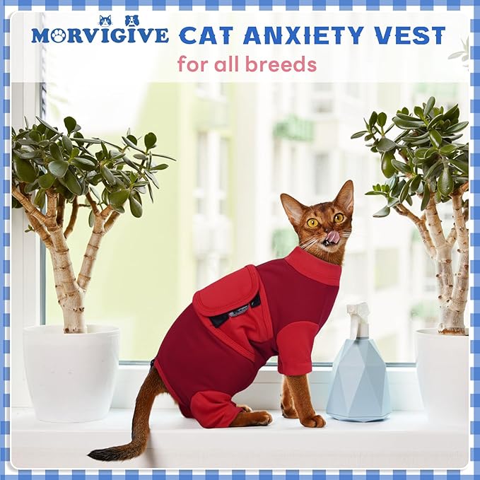 Anxiety Relief Catsuit, Color Blocking Cat Clothes, Adjustable Calming Onesie for Thunderstorms, Fireworks, Separation, Vet Visit, Loud Noises, Travel, Anti-Anxiety Wrap for Cats, Red Large