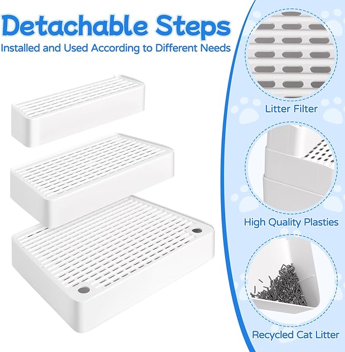 Extra Large 3 Steps Litter Box Ramp, Adjustable Cat Litter Box Step with Filter Function, Easy to Clean Cat Litter Stair Catcher for Elderly Cats and Kitten (White)