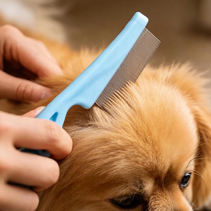 4-Pack Flea Comb for Dogs & Cats - Fine Tooth Stainless Steel Grooming Comb with Anti-Slip Rubber Handle, Removes Fleas, Tangles & Tear Stains (Black, Blue, White & Pink)
