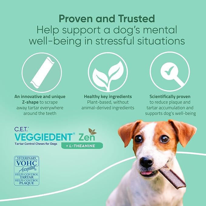 Virbac C.E.T.® VEGGIEDENT® Zen Tartar Control Chews for Dogs - Multifunctional to Support Mental Well-Being, VOHC Approved - Small 11-22lbs