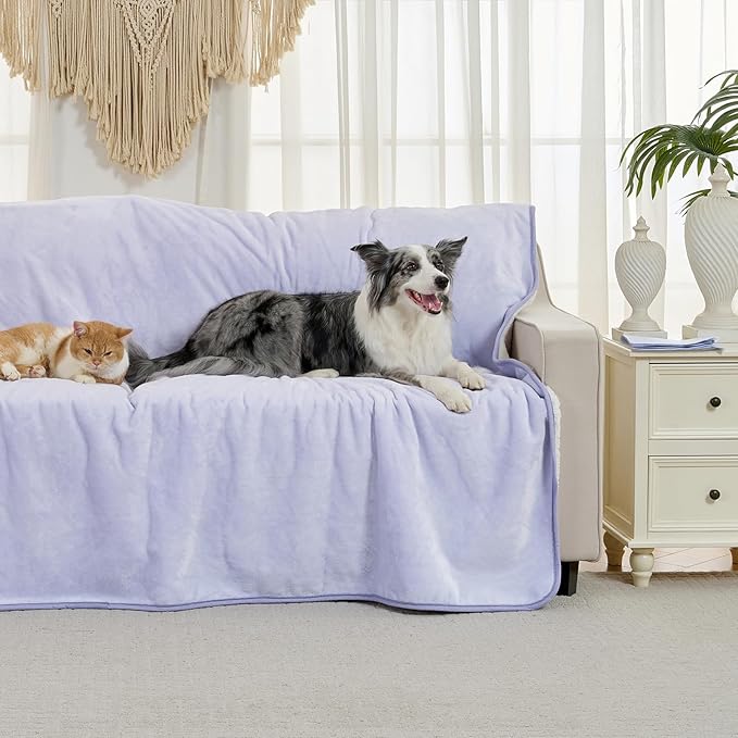 Waterproof Blanket for Bed Couch Sofa, Soft Liquid Pee Proof Pet Blanket for Dog Puppy Cat, Reversible Sherpa Fleece Furniture Protector (Lilac, 50x60 inches)