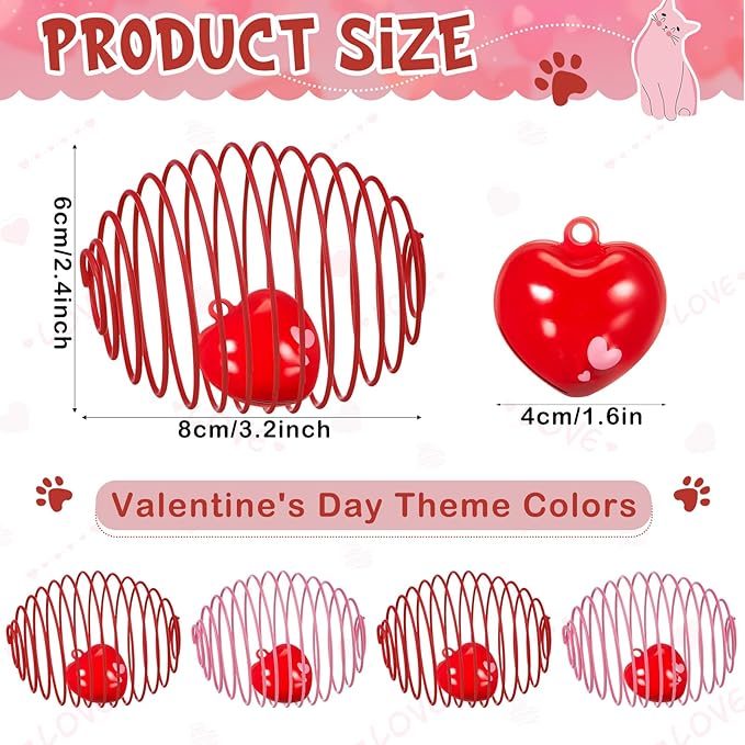 Jecery 5 Pcs Cat Spring Balls Toys Stretchable Rolling Balls Colorful Playful Coils Interactive Action Toy Caged Rats for Kitten Pet Supplies (Heart Bel,Pink Red)