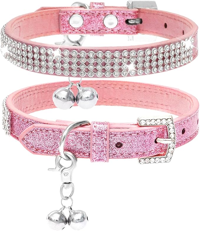 PUPTECK Basic Adjustable Cat Collar with Bling Diamond and Double Bells, for Kitten and Small Puppy, Fashion and Shining Dog Rhinestone Collars, 6-8in, Pink