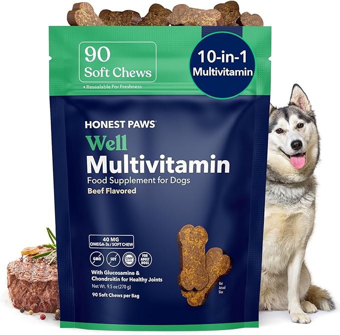 Honest Paws (90 Count) Dog Multivitamin Soft Chews with 10 Essential Vitamins - Joint, Coat, Immune, Eye & Heart Support - with Glucosamine, Chondroitin & Omega-3 - Beef Flavor