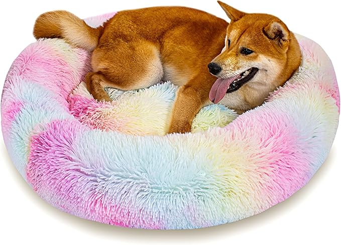 Calming Dog Bed for Medium Dogs Cats, Puppy 31'' Round Anti-Anxiety Warm Fluffy Plush Faux Fur Bed, Soft Anti-Slip Donut Washable, Cozy Medium Puppy Bed, Fits up to 50 lbs Pets