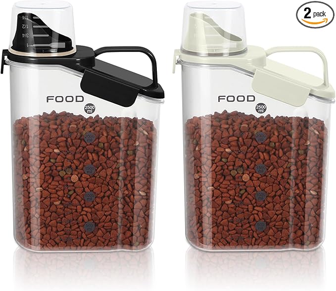 3-5LBS Airtight Pet Food Storage Container PBA-free,With Large Nozzle/Measuring Cup/ 4 Press Buckle for Dogs, Cats, Birds, Chicken Lndoor and Outdoor Use (Black + Beige) 2 Pack
